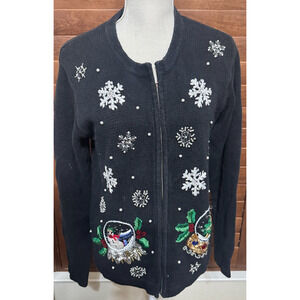 VTG BP Design Black Christmas sweater cardigan Snowflakes embroidered full zip M